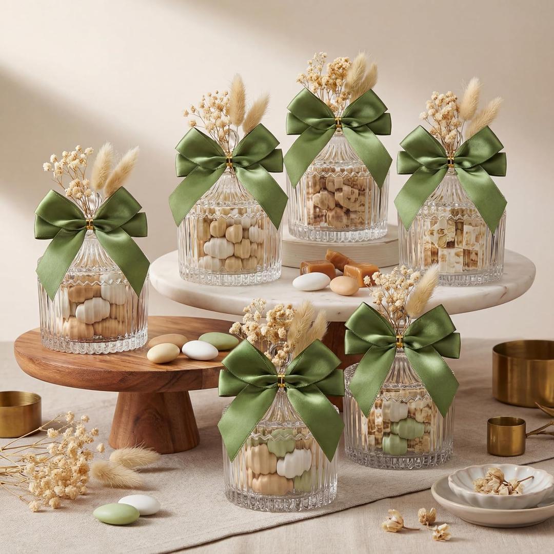 Honeydak 12 Sets Glass Candy Jar with Lids Elegant Crystal Decorative Candy Dish Candle Holders for Guests with Dried Flowers Bows Organza Bags for Wedding Engagement Baby Shower Party Favors(Green)