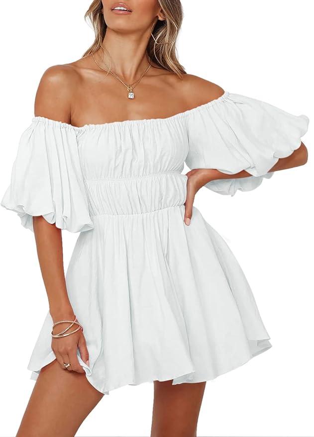 Womens Off The Shoulder Summer Shorts - Dresses 2025 Short Lantern Sleeve Ruffle Elastic Waist A-Line Casual Mini Shorts Dress, 2XL,White
