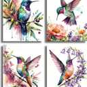 NIIORE 4 Piece Watercolor Hummingbird Wall Art Set, Boho Floral Bird Nature Canvas Prints Posters for Living Room Bedroom Bathroom Home Decor, 8x10 Inch Unframed