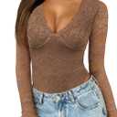 Saslax Women's Lace Bodysuit Sexy Deep V Neck Long Sleeve Body Suits Thong Slim Fit Double Lined Y2K Going Out Tops (XX-Large, Brown)