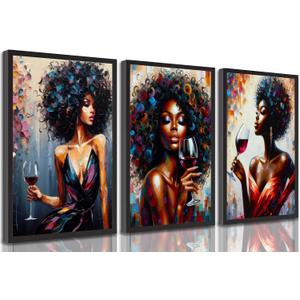 3Pcs African American Women Canvas Wall Art Colorful Graffiti Afro Wine Girl Painting Modern Abstract Aesthetic Pictures Wall Decor Poster Print Artwork for Living Room Bedroom Bar Decoration Unframed