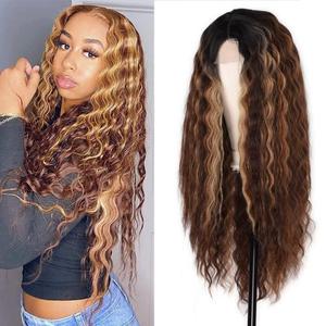 FEEL ME 28" Deep Wave Frontal Wig Long Synthetic Curly Wig Ombre Highlight Lace Front Wig for Women with Simulated Scalp Honey Blonde Loose Deep Curly Lace Wigs Middle Part for Daily Use R6/6A/27S