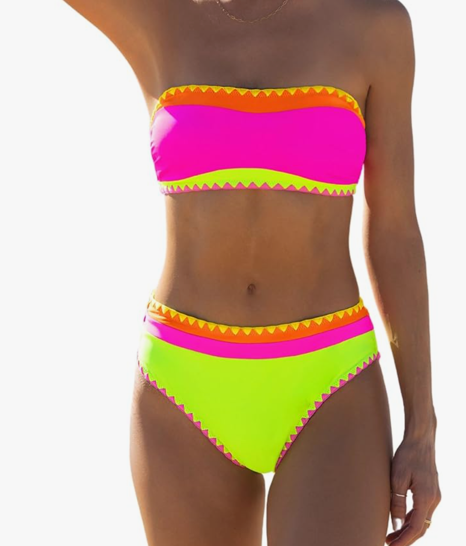 popvil Women's Neon Color Block Bandeau Swimsuits Strapless Bikini Sets Two Piece Bathing Suits Size L