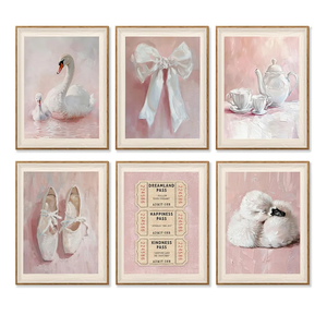 6Pcs Pink Vintage Swan Nursery Wall Art Ballerina Shoes and Bow Painting Picture Wall Decor Retro Tickets and Coffee Cups Preppy Posters Prints Artwork for Girls Room Gallery Dorm Apartment Kids Room