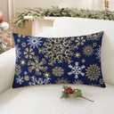 CaliTime Christmas Throw Pillow Covers Decorative 20 X 12 Inches Pack of 2 Cozy Fleece Snowflakes Cushion Cases for Couch Sofa Bed Living Room Navy Blue