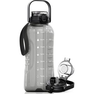 AQUAFIT 64 oz Water Bottle with Time Marker  2in1 Straw & Chug Lid  BPA Free Big Water Bottle with Straw  Gym Water Bottle with Strap  Water Jug (64 Ounces, Gray)