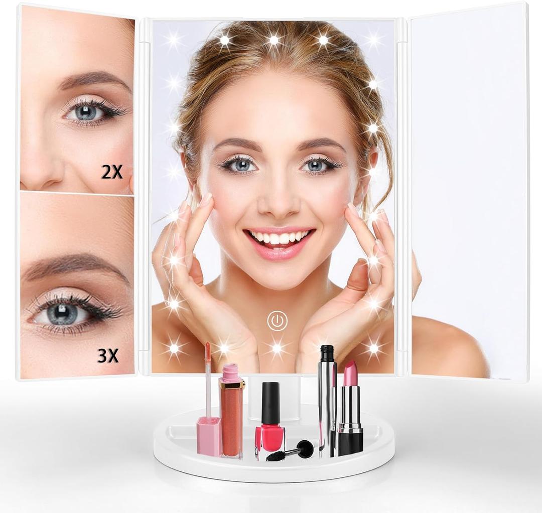 JAMIEWIN Lighted Makeup Mirror 3X/2X/1X Magnification 21 LED Trifold Vanity Mirror with Touch Sensor Dimming Portable Travel Mirror Best Xmas Gifts for Women Girls (White)