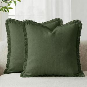 AVOIN colorlife Decorative Linen Fringe Throw Pillow Covers Set of 2, 18 x 18 Inch Olive Green Cozy Boho Farmhouse Cushion Case with Tassels Soft Accent Decoration for Bedroom Home Sofa Couch