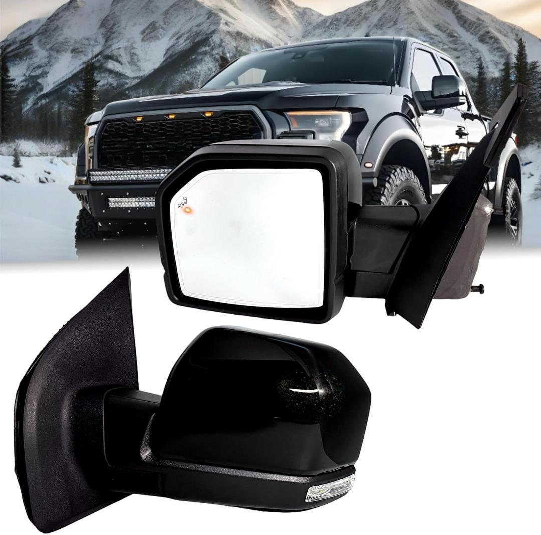Left Driver Side Mirror Compatible With 2015-2020 Ford F150 With Heated Power Glass Blind Spot Detection Turn Signal Puddle Lights Memory Power Folding Black Without Camera
