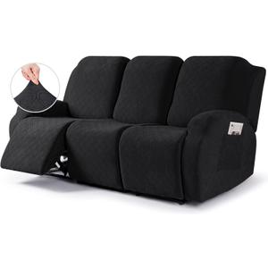 VANSOFY Recliner Cover, 3-Pieces Stretch Reclining Couch Covers with Pockets Reclining Sofa Slipcovers 3 Seater Soft Washable Furniture Protector for Dogs Cats(Black)