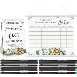 Sintuff Guess Baby Due Date Calendar Include 1 Pcs Guess The Arrival Date of The Baby Shower Wooden Sign 1 Prediction Calendar 12 Fineliner Colored Pens Game Party Favor(Safari)
