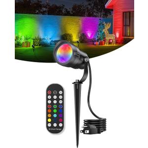 HIBOITEC 12W Christmas Spotlight Outdoor with Plug Timer Color Changing 120V Landscape Lighting Waterproof Dimmable LED Spot Light for Yard Christmas Outside House Garden Tree Decoration 1Pack