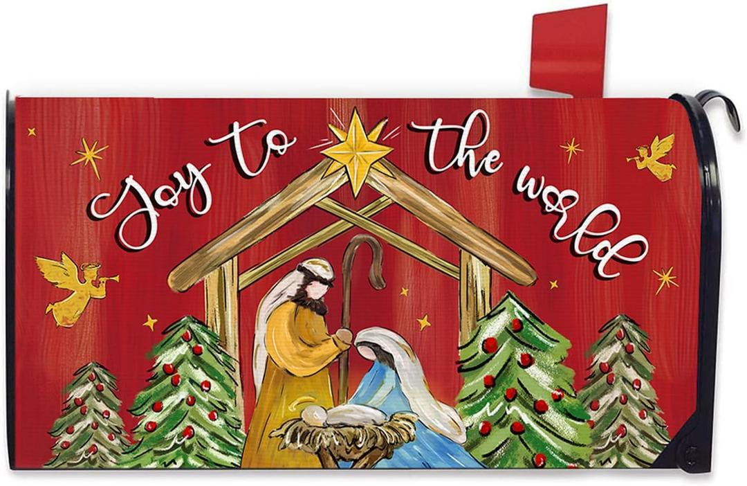 Christmas Nativity Christian Mailbox Cover Magnetic Standard Size 20.5" x 18", Religious Xmas Jesus Joy to The World Decorative Post Letter Box Decor, Red Holiday Garden Yard Outdoor Decoration