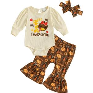 Thanksgiving Baby Girl Outfit My First/1st Little Turkey Romper Onesie Bell Bottoms Pants Fall Winter Clothes (6-12 Months)