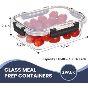 HOTEC 35OZ Glass Food Storage Container, Airtight Glass Lunch Fruit Containers with Lids - Microwave, Oven, Freezer and Dishwasher Safe, 2-PACK
