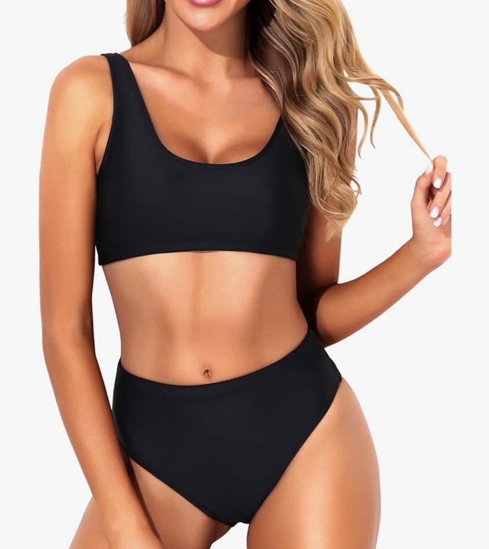 Tempt Me Women Two Piece Scoop Neck Bikini Crop Top Swimsuit Sporty High Waisted Bathing Suit, M