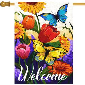 Louise Maelys Welcome Spring Floral House Flag 28x40 Inch Double Sided, Burlap Large Spring Summer Butterfly Yard for Seasonal Outside Outdoor House Decoration