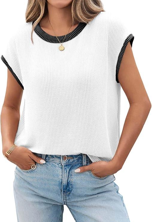 Tankaneo Women's Summer Color Block T-Shirts Cap Sleeve Textured Ribbed Knit Tees Casual Ringer Crew Neck Loose Fit Tops, Size XXL