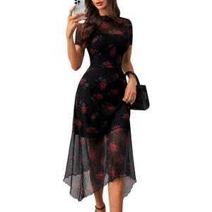 GothDark Women's Wedding Guest Floral Print Vintage Goth Dress Mesh Spliced Double-Layered Irregular Hemline Midi Dresses, Size M