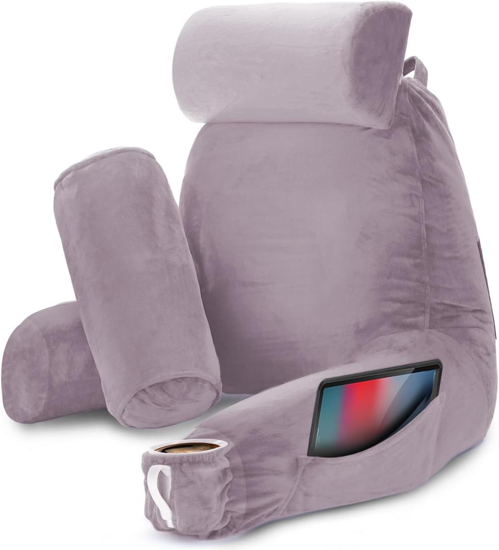 Nestl Reading Pillow with Shredded Memory Foam Includes 2 Neck and Lumber Support Pillows, Designed for Sitting Up in Bed and Couch, Back and Arms Adjustable Support for Adult & Teens, Dusty Purple