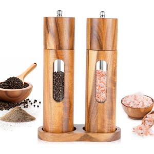 Acacia Wood Salt and Pepper Grinder Set with Base, Refillable Wooden Pepper & Salt Mill with Adjustable Ceramic Grinder for Kitchen & Dining (Style 2)