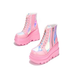 Cape Robbin Radio Holographic Platform Ankle Boots with Chunky Block Heels for Women Size 9