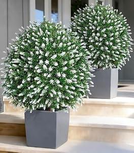 HyeFlora 26'' Artificial Boxwood Topiary Trees with Lavender 2 Pack Fake Plants for Outdoor Indoor Artificial Shrubs with Metal Ground Spike UV Resistant Fake Bushes for Front Porch Garden, White