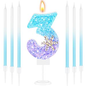 MTLEE Number 3 Birthday Candle Blue Snowflake with 6 Long Thin Cupcake Candles Blue Sparklers Glitter Number Happy Birthday Cake Topper Decorations for Winter Party Supplies