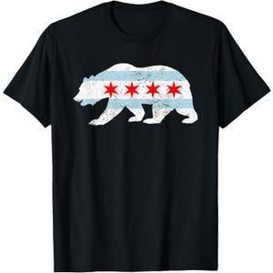 Sweet Vintage Retro Chicago City Flag Bear Print T-Shirt