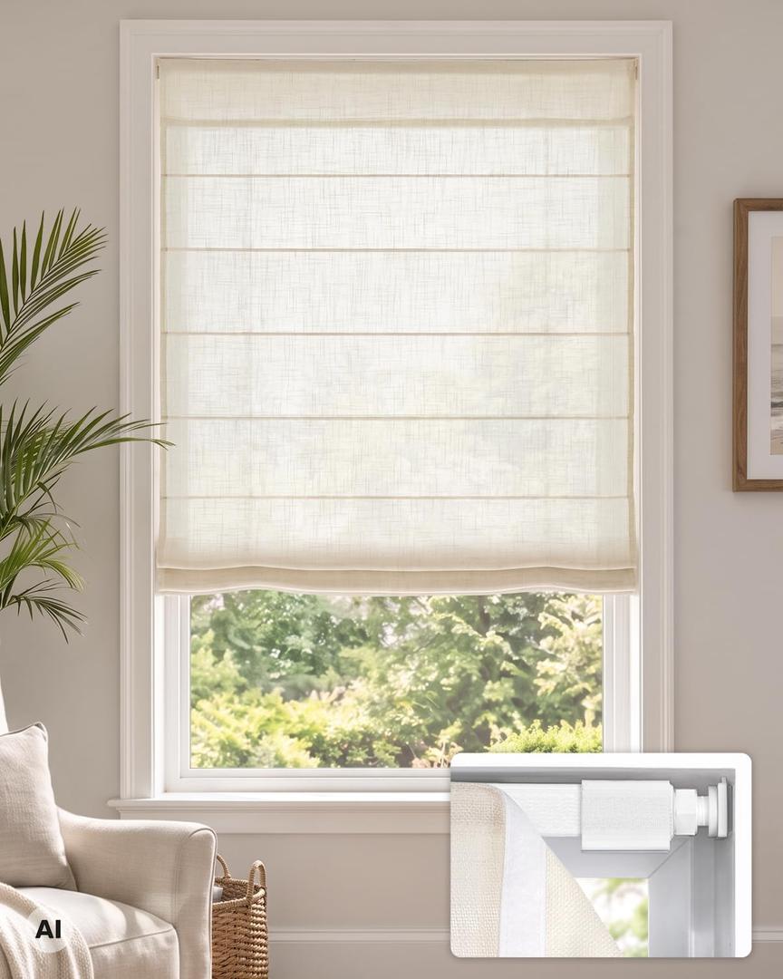 LazBlinds No Drill Cordless Roman Shades, 35" W × 72" H, Trace Beige