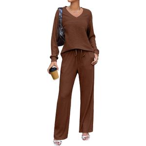 Amoretu Women's 2 Piece Set Fall Outfits Lounge Set V Neck Wide Leg Pants Matching Sets, for Work and Casual with Pockets (Brown, L)