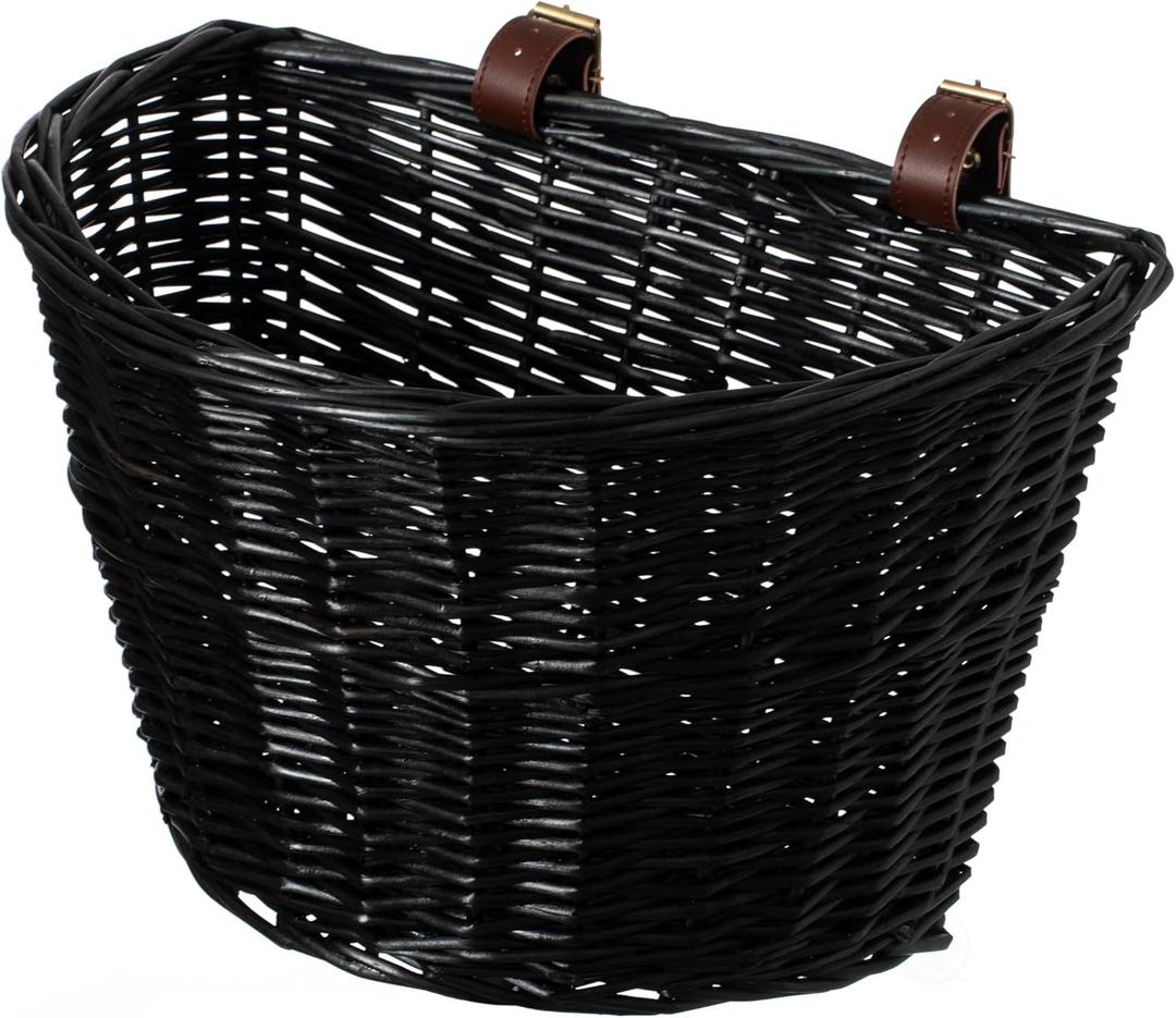 Wicker Front Cargo Bike Basket - Perfect for Riders of All Ages and Genders - for Beach Cruiser, Stationary Bike, E-Bike, or Road Bike with Stylish Faux Leather Straps, Black