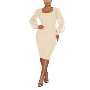 acelyn Elegant Bodycon Midi Dresses for Women Scoop Neck Lace Lantern Long Sleeve Ribbed Clubwear Party Cocktail Dress Beige, Medium 