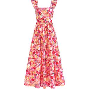dowerme Summer Dresses for Women 2026 Casual Ruffle Smocked Tiered A-Line Boho Floral Maxi Beach Sun Dress with Pockets (Light Apricot Pink Flower), Large