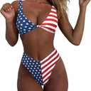 geluboao Bikini Set for Women Solid V Neck Knot Front Push Up High Leg Thong Two Piece Swimsuit (Medium, American Flag)