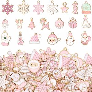 Misdary 100 Pcs Pink Christmas Charms for Jewelry Making Christmas Charms Santa Snowflake Metal Earring Alloy Jewelry Pendants for DIY Holiday Xmas Bracelet Necklace Craft Ornaments Supplies