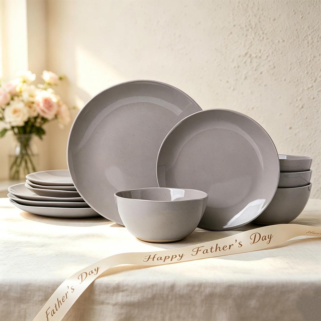 ALOFMO Ceramic Dinnerware Sets-12 Pieces Set, Plates Pasta Bowls Soup Bowls, Modern Stoneware Dishes, Reaction Glaze Black (Sky white)