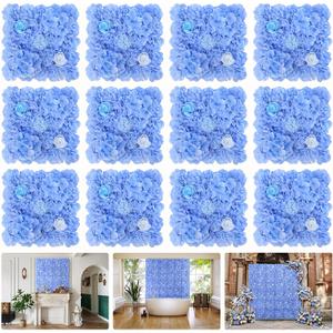 12pcs Flower Wall Backdrop 16.5"x16.5" Artificial Floral Panel-Blue