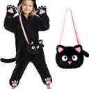 Cat Costume for Kids with Bag, Black Cat Halloween Costumes for Girls Animal Onesie Dress Up (S(5-6Y))
