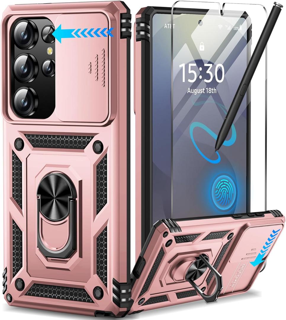Taisairu for Samsung Galaxy S25 Ultra Case with Screen Protector & Slide Camera Lens Cover, Built-in Magnetic Ring Stand Shockproof Protective Phone Case for Samsung S25 Ultra Case (Rose Gold)