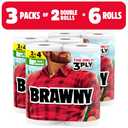 Brawny Tear-A-Square 3-Ply Paper Towels, 6 Double Rolls = 12 Regular Rolls (3 Packs of 2)