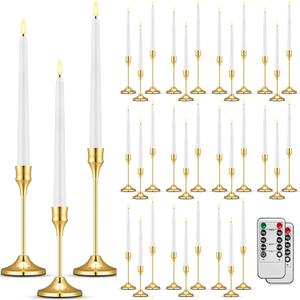 30 Set(60 Pcs) Gold Candle Holders with LED Flameless Taper Candles Bulk Include Metal Taper Candlestick Holder Battery Operated Flickering Candle with 2 Timer for Christmas Wedding Gift