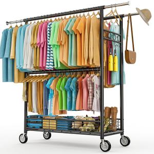 Heavy Duty Clothes Rack Load 960LBS, Three Rods Rolling Clothing Racks for Hanging Clothes, Rolling Garment Rack With Sturdy Wheels Shelves Hooks, Portable & Adjustable Commercial Garment Rack, Black
