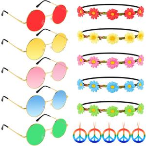 Morcheiong 60 Pcs Hippie Accessory Set Includes Multicolor Daisy Flower Headbands, Round Sunglasses and Peace Sign Necklaces for 60s 70s Party Supplies