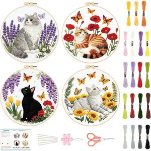 BEUNITONE 4 Set Embroidery Kit for Beginners, Cat and Butterfly Pre-Stamped Pattern Needlepoint Kits for Adults with Hoop and Instruction, Cute Hand Embroidery Patterns for Cloth and Home Decor