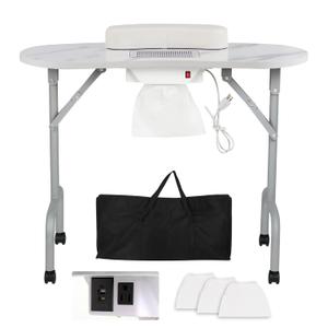 AGESISI Portable Manicure Table Foldable Nail Desk with Charging Station & Dust Collector Professional Nail Tech Table for Technician Spa Salon Workstation, Wrist Pad 4 Lockable Wheels, White Marbled