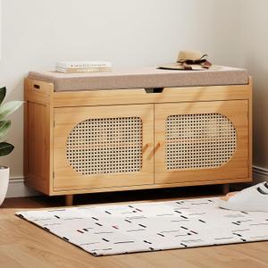 Rattan Shoe Storage Bench,Bamboo Entryway Bench, 2-Tier Shoe Rack,35.4" W x 12.6" D x 19.7" H with 2 Doors & Padded Seat Cushion for Entryway, Living Room, Bedroom, Natural