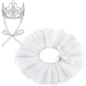 2 Pcs Dog Crown Headband Dog Tutu Dress Set Crystal Rhinestone Tiara Crown Tutu Skirt Pet Dress Costume for Puppy Birthday Party Wedding Photo Prop Costume(Small,White)