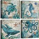 Beach Wall Art Bathroom Decor Rustic Sea Turtle Canvas Prints for Beach House Living Room Teal Coastal Ocean Animal Pictures Bedroom Beach Artwork Nautical Painting Kitchen Home Decoration 20x20", Pack of 4 