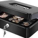 KYODOLED Large Metal Cash Box with Money Tray and Lock,Money Box with Cash Tray,Cash Drawer,9.84"x 7.87"x 3.54" Black Large